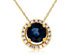 14K Yellow Gold Round Sapphire and Diamond Halo Pendant Necklace