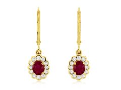 14K yellow gold round ruby and diamond halo drop earrings 