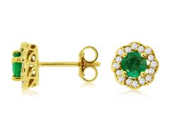 14K Yellow gold round emerald and halo diamond cluster earrings 