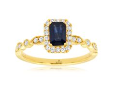 14K Yellow Gold Emerald Cut Saphire with Diamond Halo Ring 