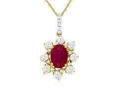 14K Yellow Gold Oval Ruby Flower Pendant Necklace 
