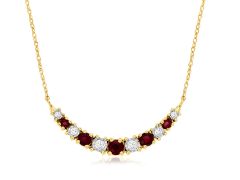 14K Yellow Gold Round Diamond and Ruby Curved Bar Necklace 