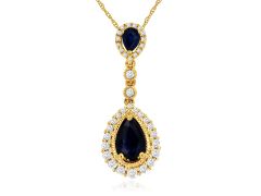 14K Yellow Gold Pear Shaped Sapphire and Diamond Halo Pendant Necklace 