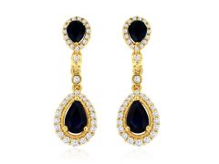 14K Yellow Gold Pear Shape Sapphire Diamond Halo Dangle Earrings