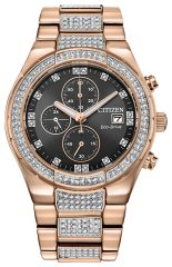 Citizen crystal watch with eco-drive technology, rose-gold tone stainless steel, Swarovski® crystals accents, black face with chronograph. 