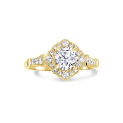 18K Yellow Gold Round Diamond with a Diamond Halo Engagement Ring 