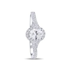 Ladies White 14 Karat Gold Halo Engagement Ring with one Oval 0.50CT Diamond, Color- GH, Clarity- I1 and Pave Round 0.25CTW Diamonds. 