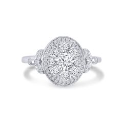 14k White Gold Round Diamond Oval Cluster Diamond Engagement Ring 
