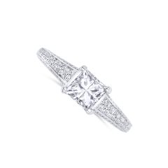 18K White Gold Ring with a 1.02CT Princess Cut Diamond, Color- IJ, Clarity- SI2 SI3. Along with 0.44CTW Round Diamond accents along the band. 