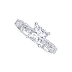 14K White Gold Ring with a 2.00CT Princess Cut Diamond, Color-E, Clarity-SI2. Round 0.42CTW Diamond accent on the band.
