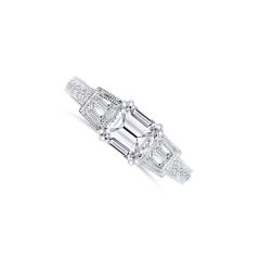 14K White Gold with a 1.51CT Asscher-Cut Diamond, Color-H, Clarity-VS2. With Round 0.60CTW Diamonds along with 0.17CTW TB Diamonds.