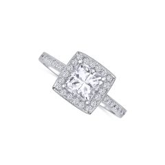 14K White Gold Diamond Ring with a 0.25CT Emerald Cut Diamond, with 0.50CTW Round Diamond Halo.