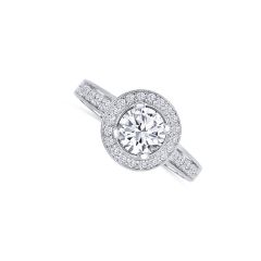 14K White Gold Round 1.06CT Diamond, Color- G, Clarity- SI3. With multiple Round 0.34CTW Diamond Side Stones. Along with a Diamond Halo.
