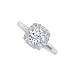 14K White Gold Ring with a Round 1.08CT Diamond, Color- D, Clarity- SI1. Along with a Diamond Halo with Round 0.23CTW Diamonds.