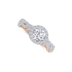 14K Two or Three Toned Gold with a Round 1.00CT Diamond, Color- H, Clarity- SI2. With a Diamond Halo, along with multiple round 1.51CT Diamonds along the band. 
