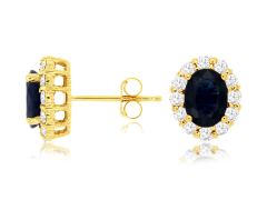 14K Yellow Gold Oval Sapphire Diamond Halo Stud Earring