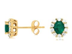 14K Yellow Gold Oval Shaped Emerald Diamond Halo Stud Earrings
