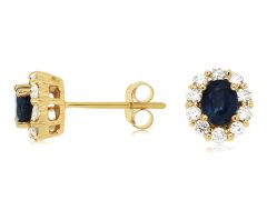 14K Yellow Gold Oval Blue Sapphire with Diamond Halo Stud Earrings 