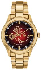 Citizen Eco-Drive Mouse of the year watch with red face and gold-tone Mickey Mouse head and diamond accents. 