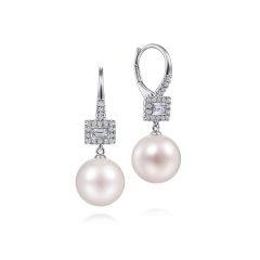 Gabriel & Co. - EG14263W45PL - 14K White Gold Diamond and Pearl Drop Earrings