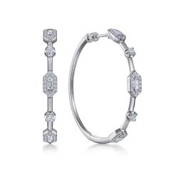 Gabriel & Co. - EG14276W44JJ - 14K White Gold 40mm Diamond Baguette and Round Station Classic Hoop Earrings