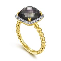 Gabriel & Co. - LR51770Y45XB - 14K Yellow Gold Cushion Cut Rock Crystal/Black Pearl and Diamond Halo Ring