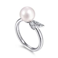 Gabriel & Co. - LR51805W45PL - 14K White Gold Pearl Ring with Diamond Leaves
