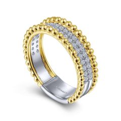 Gabriel & Co. - LR52019M45JJ - 14K White-Yellow Gold Three Row Diamond and Bujukan Bead Ring