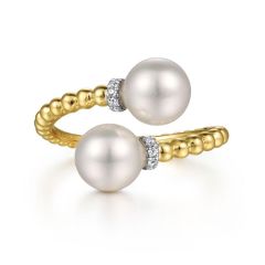 Gabriel & Co. - LR52200M45PL - 14K White-Yellow Gold Diamond and Pearl Bujukan Bypass Ring