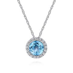 Gabriel & Co. - NK2824W45BT - 18 inch 14K White Gold Round Swiss Blue Topaz and Diamond Halo Necklace