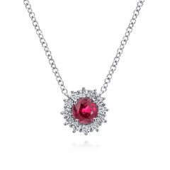 Gabriel & Co. - NK3950W45RA - 18 inch 14K White Gold Round Ruby and Diamond Halo Pendant Necklace