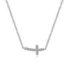 Gabriel & Co. - NK4345W45JJ - 14K White Gold Sideways Curved Diamond Cross Necklace