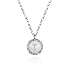 Gabriel & Co. - NK5619W45PL - 14K White Gold Cultured Pearl and Diamond Halo Pendant Necklace