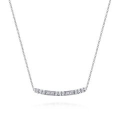 Gabriel & Co. - NK5791W45JJ - 14K White Gold Round and Baguette Diamond Curved Bar Necklace