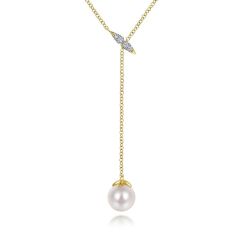 Gabriel & Co. - NK5963Y45PL - 14K Yellow Gold Diamond Bar Y Necklace with Cultured Pearl Drop