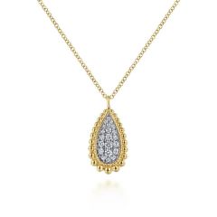 Gabriel & Co. - NK6357Y45JJ - 14K Yellow Gold Teardrop Diamond Pav‚ Pendant Necklace with Beaded Frame