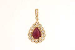14K Yellow Gold Pear Shape Ruby with Diamond Halo Pendant Necklace 