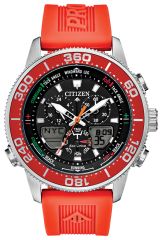 Promaster Sailhawk bright orange polyurethane strap with eco-drive technology, chronograph with silver, black and red accents. 