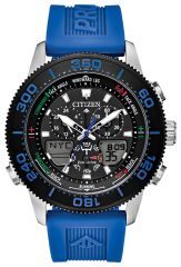 Citizen promaster sailhawk watch with eco-drive technology chronograph and blue polyurethane strap, black face with red, green and white accents.