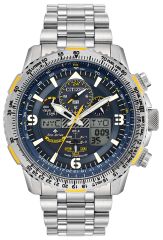 Citizen promaster Skyhawk watch with chronograph and silver-tone finish and dark blue face with yellow and white accents. 