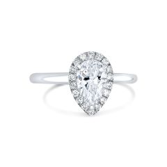 Pear shape halo lab-grown diamond engagement ring in 14K white gold 
1.05ctw center stone   
.18ctw side stones/halo 