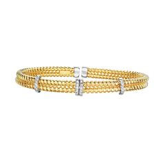 14Kt Yellow+White Gold 8mm Shiny 0.14Ct 1/2 Pointe R Faceted Round Diamond 3 Barrel Element On 2 Row Wire Textured Fancy Flexable Cuff Type Bangle N3793