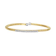 14Kt Yellow+White Gold Shiny 0.17Ct 1 Pointer Faceted Round Diamond Bar Element On Wire Textured Fancy Flexable Cuff Type Bangle N3794