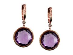 14K Rose Gold Round Amethyst Dangle Earrings with Diamond Accent
