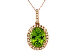 14K Rose Gold Oval Peridot Halo Pendant Necklace with Diamond Accents