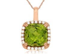 14K Rose Gold Cushion Cut Peridot Halo Pendant Necklace with Diamond Accents