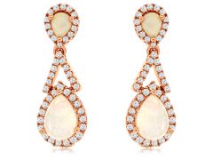 14K Rose Gold 2 Pear Shape Opal Diamond Dangle Earrings 