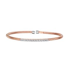 14Kt Rose+White Gold 3mm Shiny 0.17Ct 1 Pointer Faceted Round Diamond Bar Element On Wire Textured Fancy Flexable Cuff Type Bangle PN3794