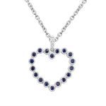 14 karat white gold heart pendant with 18 round sapphires 0.35ct tw  and 4 round diamonds 0.02ct total weight.