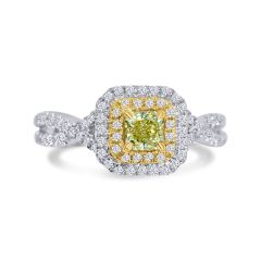 Ladies 18K Two or Three Toned Gold Diamond Halo Ring with one Yellow Radiant 0.32CT Diamond with 80 Round 0.37CTW Diamond Accents.